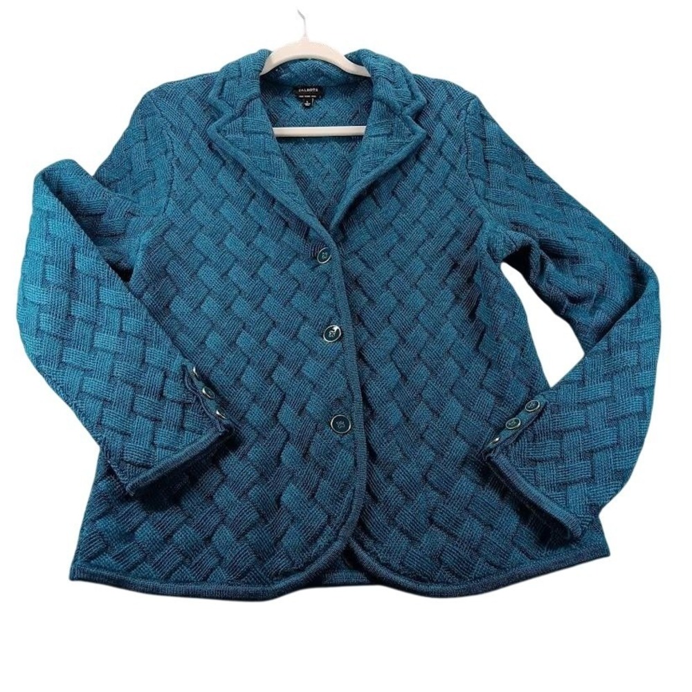 Talbots Cardigan Sweater Womens Large Blue Merino Wool Collared‎ Textured Knit